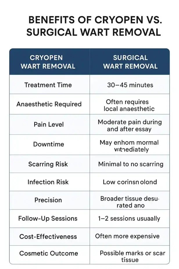 Table showing the benefits of cryopen to remove warts Barking and Dagenham compared to surgical treatment